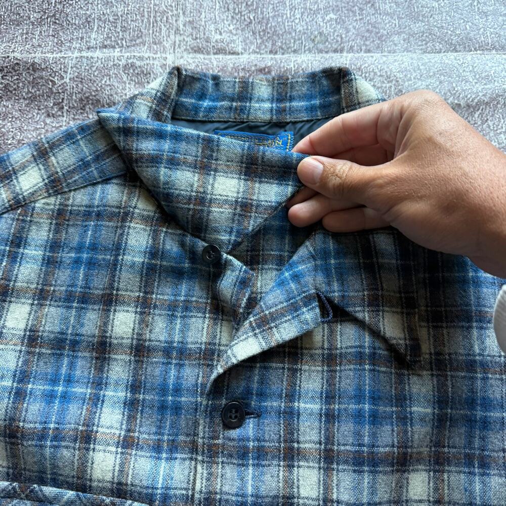 Men's Vintage 70's Pendleton USA Blue Plaid Loop Collar Flannel Board Shirt Sz L - Picture 4 of 6